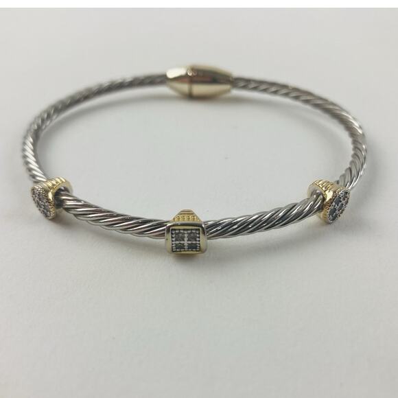 Unbranded Jewelry - Rhinestone Gold Silver Stations Twisted Cable Cuff Bracelet Magnetic Closure Dai